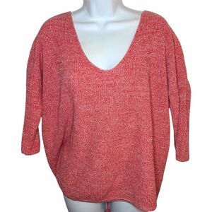 Express Red White Marled Relaxed Oversized Dolman Cotton V-Neck Sweater M